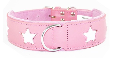Pink leather dog collar white - leather,