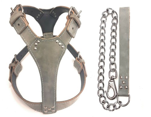 Plain grey leather dog harness - grey,